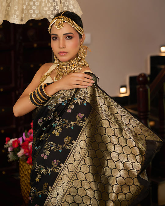 Black Pure Banarasi Saree with Multi Floral Butta & Jaal Weaving