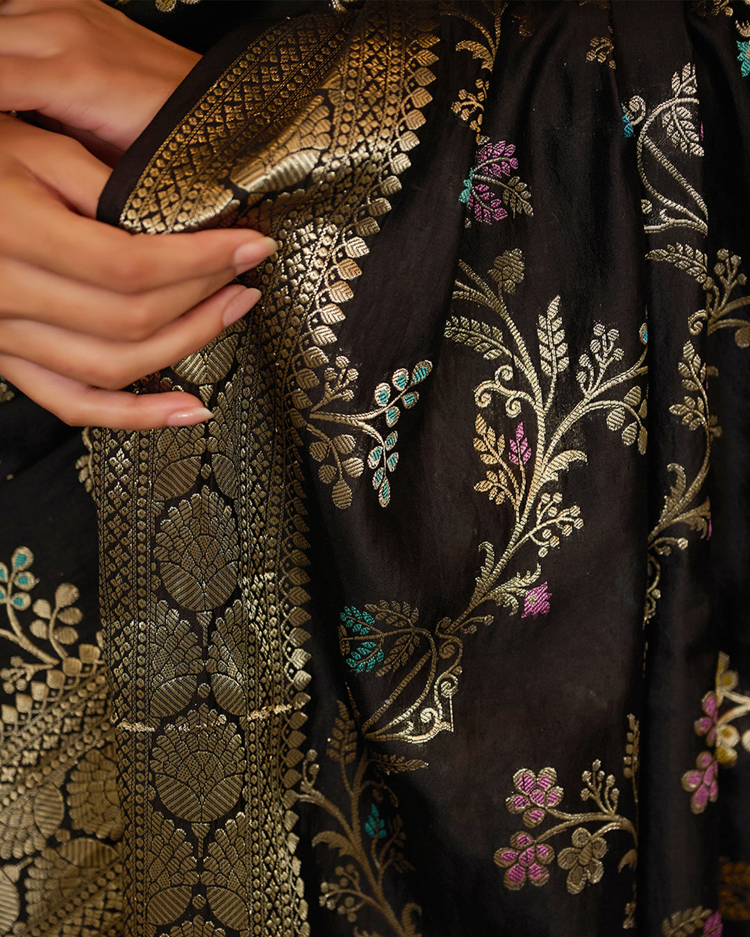 Black Pure Banarasi Saree with Multi Floral Butta & Jaal Weaving