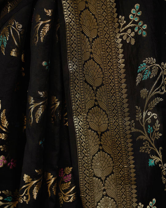 Black Pure Banarasi Saree with Multi Floral Butta & Jaal Weaving