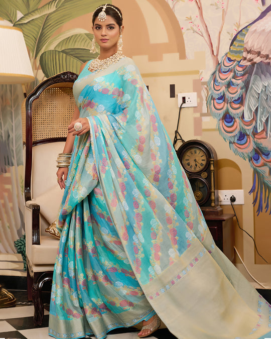 Aqua Blue Pure Chiffon Saree with Zari and Radiant Stripes Floral Detailing