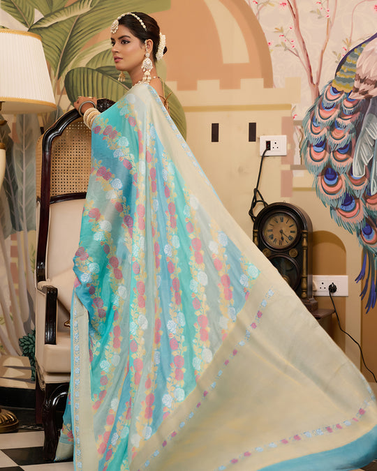 Aqua Blue Pure Chiffon Saree with Zari and Radiant Stripes Floral Detailing
