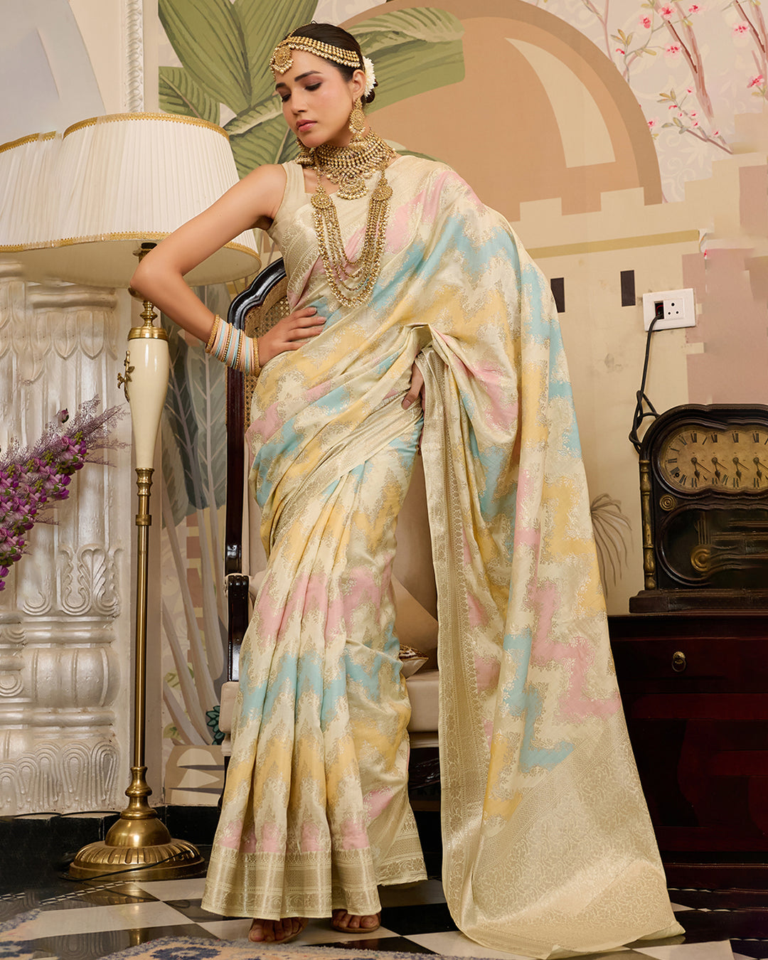 Ivory Rangkat Pure Banarasi Saree with Ornate Zigzag Detailing