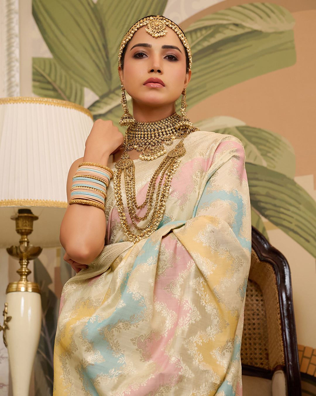 Ivory Rangkat Pure Banarasi Saree with Ornate Zigzag Detailing