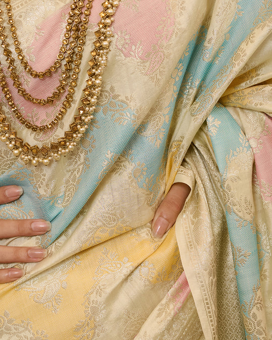 Ivory Rangkat Pure Banarasi Saree with Ornate Zigzag Detailing