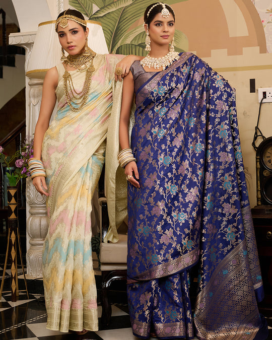 Navy Pure Banarasi Saree with Opulent Meenakari Zari Highlights
