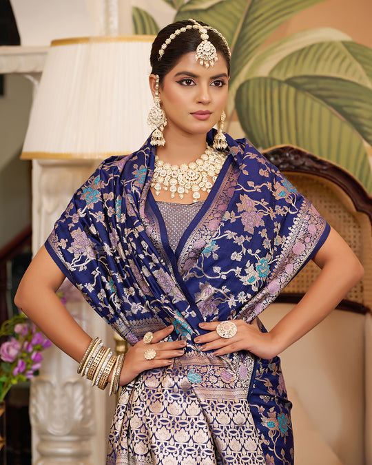 Navy Pure Banarasi Saree with Opulent Meenakari Zari Highlights