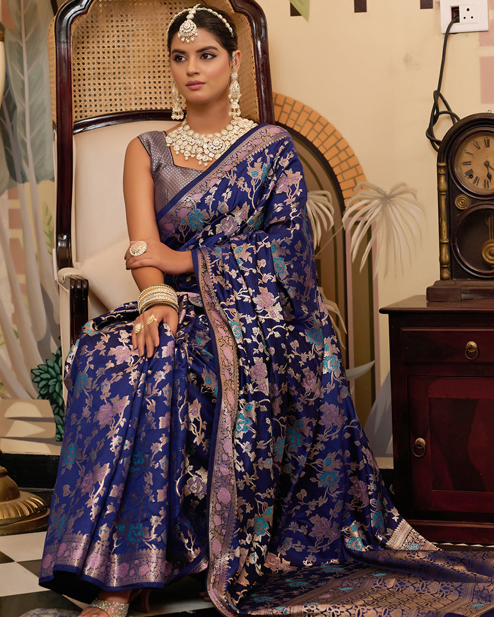 Navy Pure Banarasi Saree with Opulent Meenakari Zari Highlights