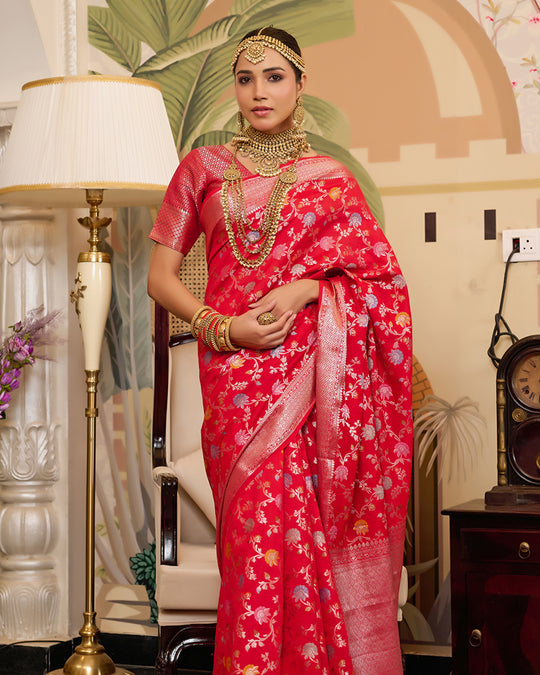 Red Pure Banarasi Saree with Zari Embellishments and Graceful Floral Motifs