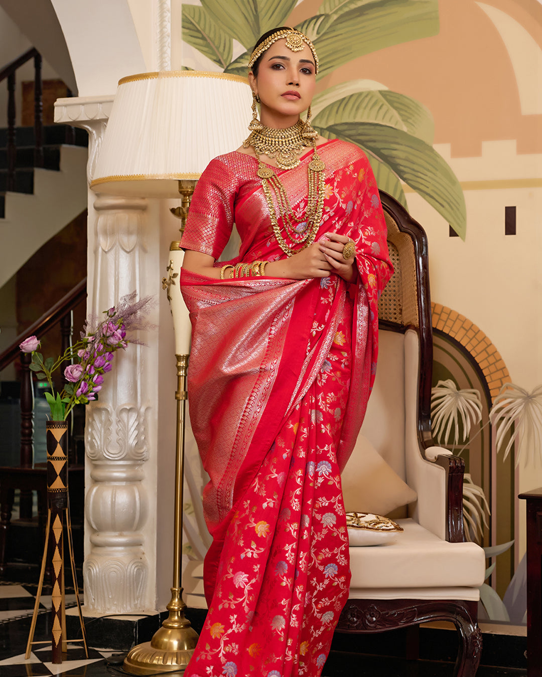 Red Pure Banarasi Saree with Zari Embellishments and Graceful Floral Motifs