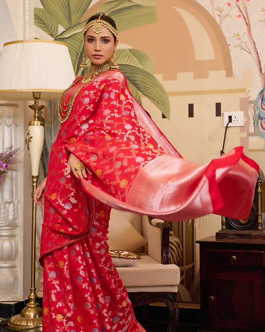 Red Pure Banarasi Saree with Zari Embellishments and Graceful Floral Motifs