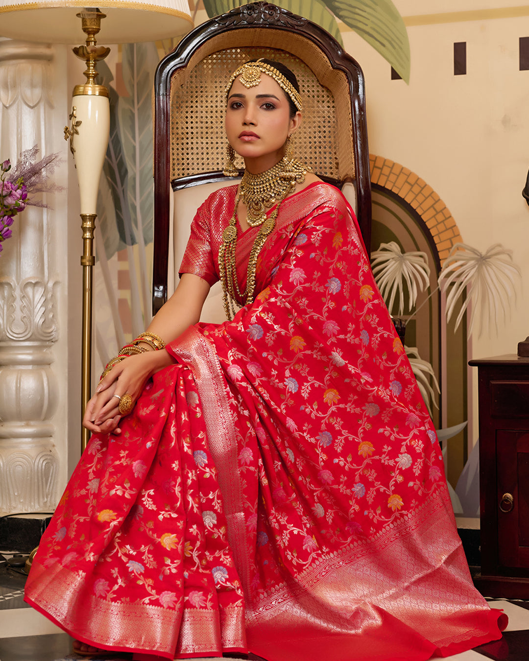Red Pure Banarasi Saree with Zari Embellishments and Graceful Floral Motifs