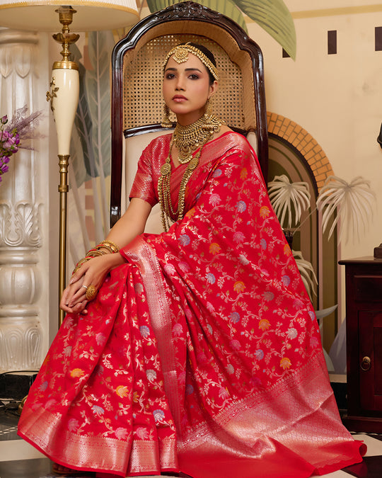 Red Pure Banarasi Saree with Zari Embellishments and Graceful Floral Motifs