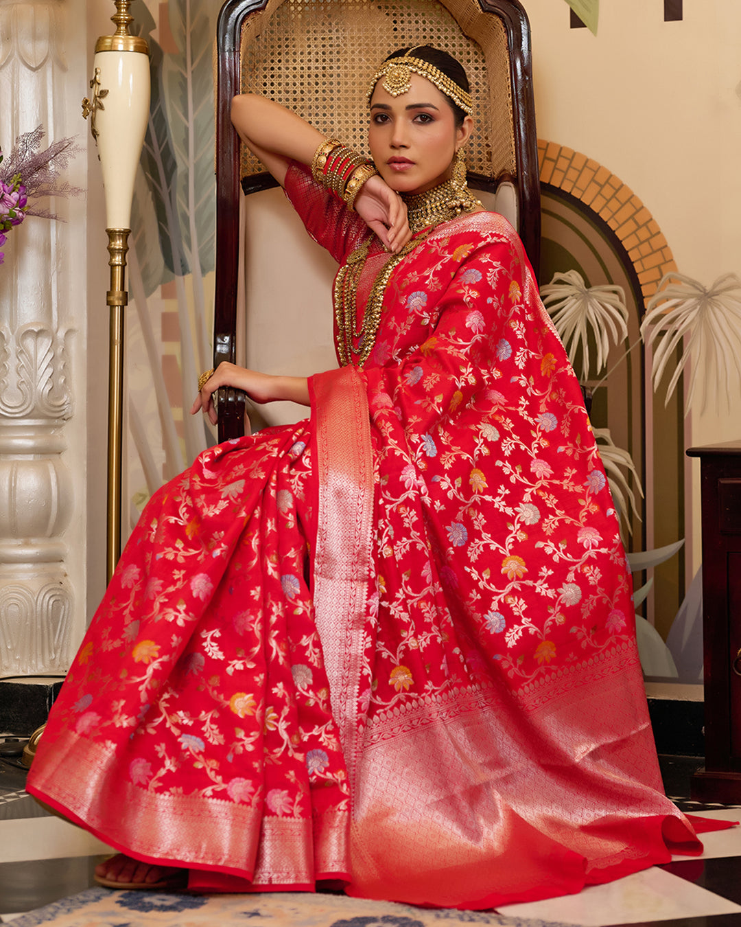 Red Pure Banarasi Saree with Zari Embellishments and Graceful Floral Motifs