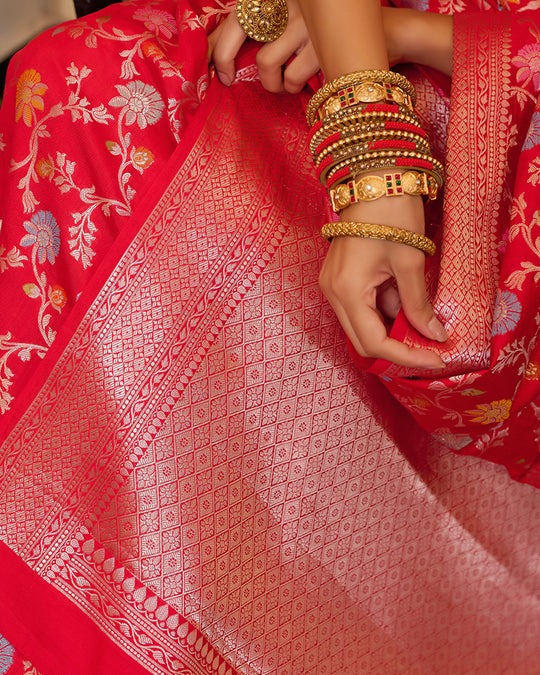 Red Pure Banarasi Saree with Zari Embellishments and Graceful Floral Motifs