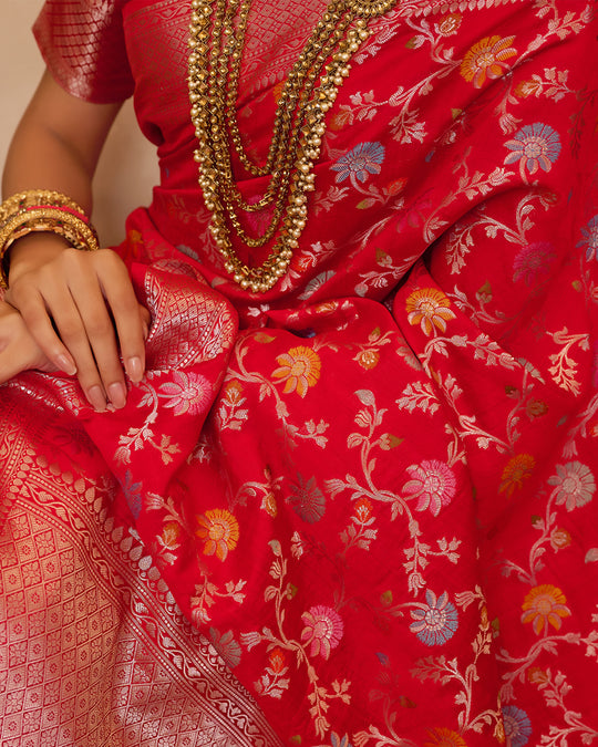 Red Pure Banarasi Saree with Zari Embellishments and Graceful Floral Motifs
