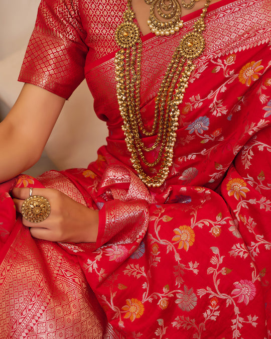 Red Pure Banarasi Saree with Zari Embellishments and Graceful Floral Motifs