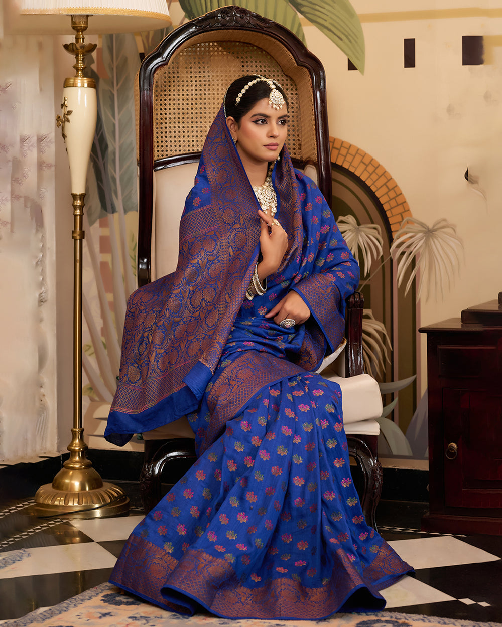 Blue Pure Muga Saree with Multihued Meenakari Buti Weaves with Antique Zari