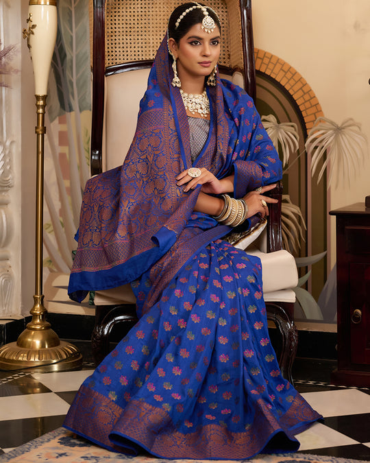 Blue Pure Muga Saree with Multihued Meenakari Buti Weaves with Antique Zari