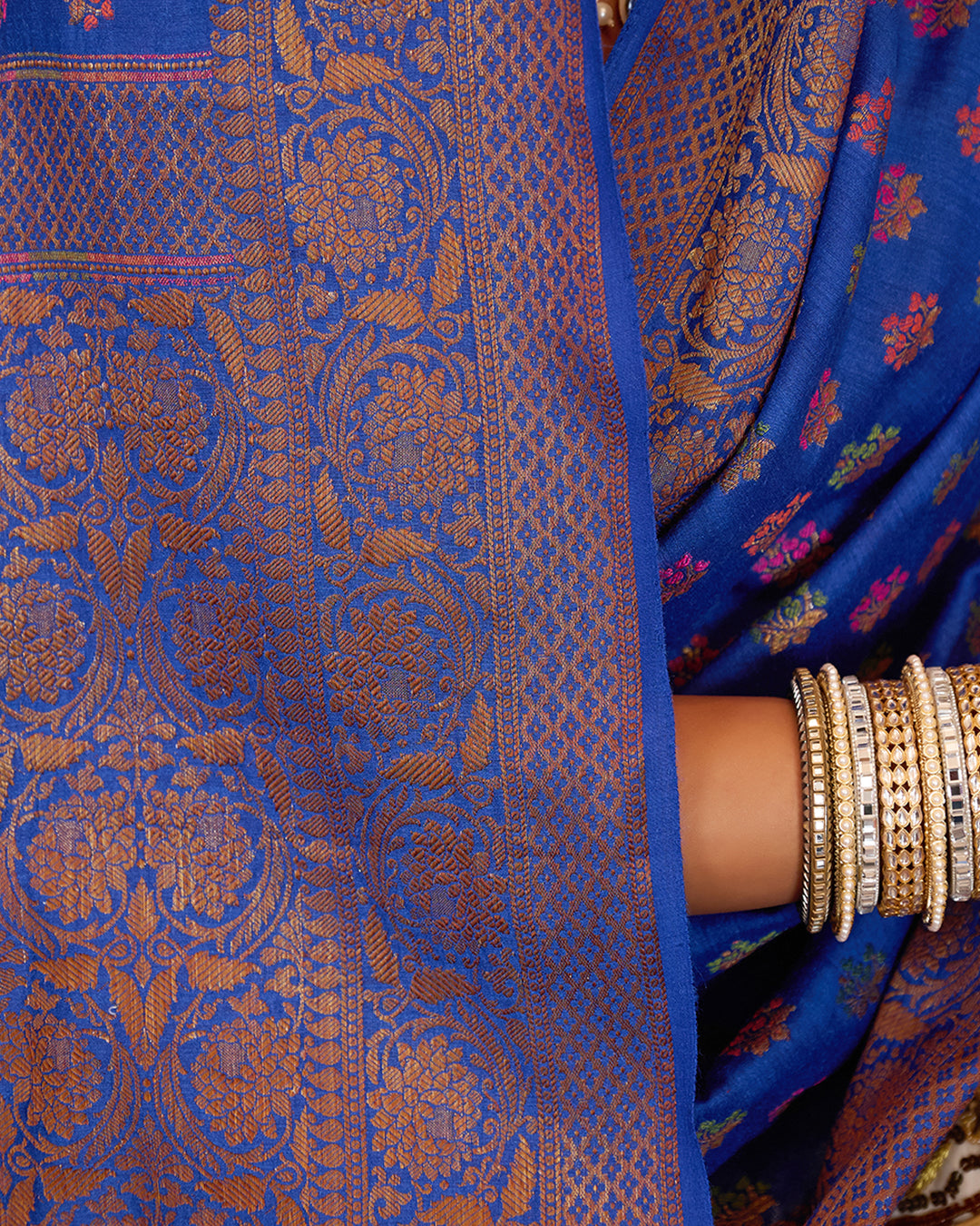 Blue Pure Muga Saree with Multihued Meenakari Buti Weaves with Antique Zari