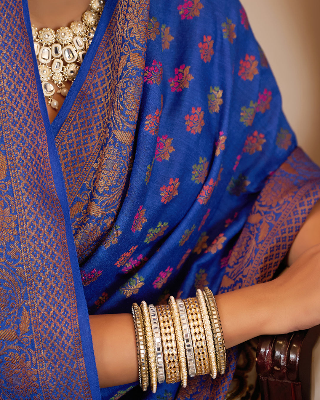 Blue Pure Muga Saree with Multihued Meenakari Buti Weaves with Antique Zari