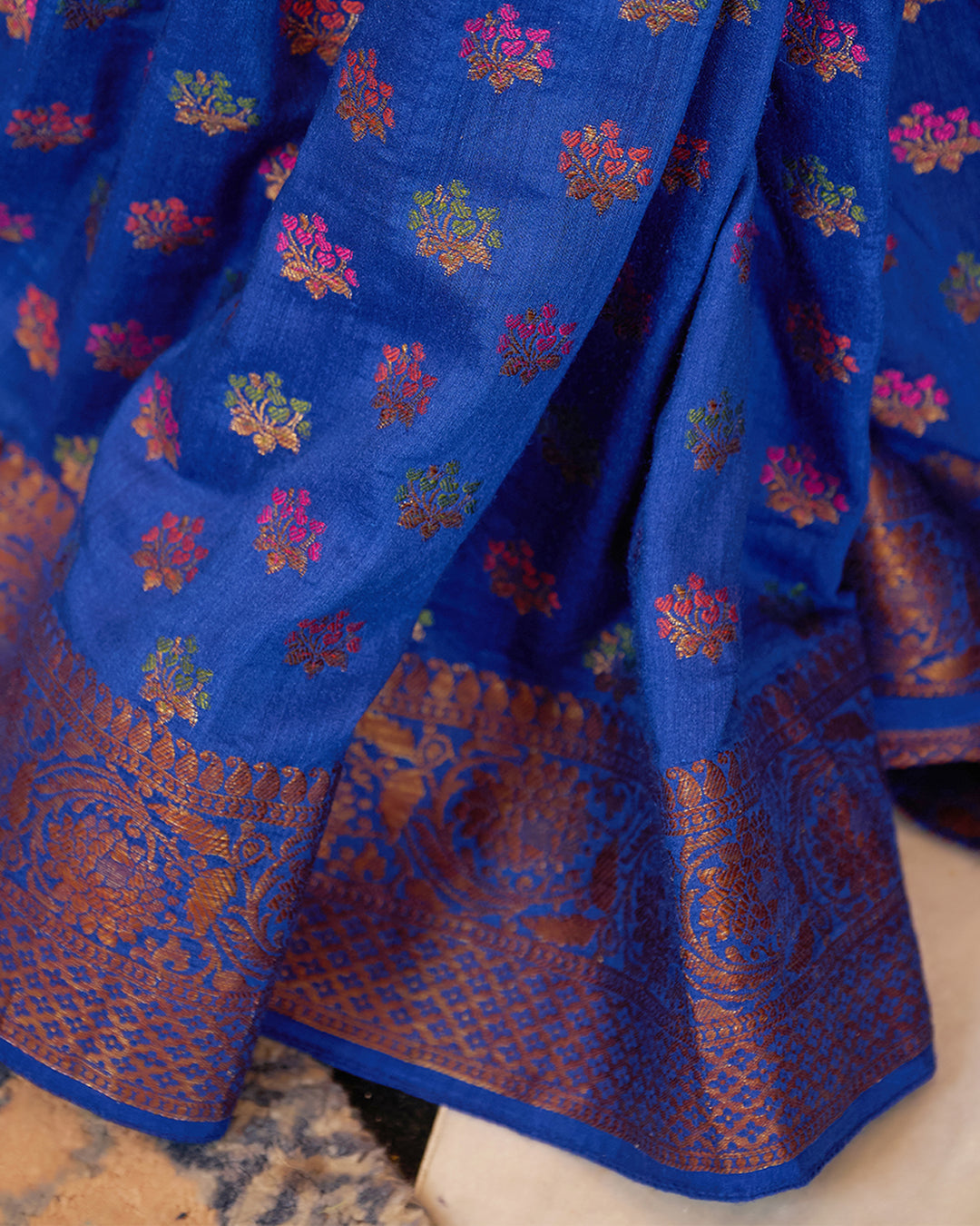 Blue Pure Muga Saree with Multihued Meenakari Buti Weaves with Antique Zari