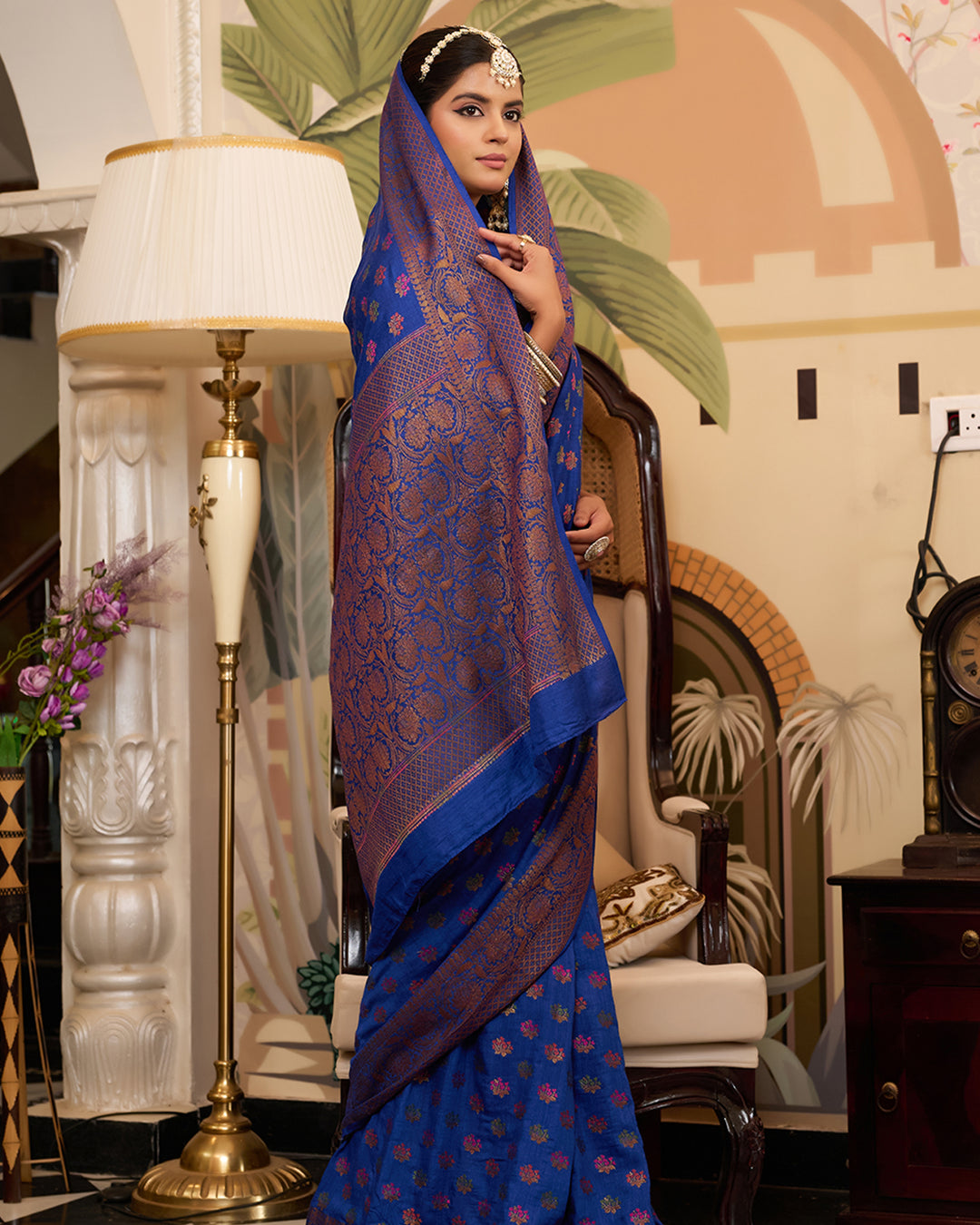 Blue Pure Muga Saree with Multihued Meenakari Buti Weaves with Antique Zari