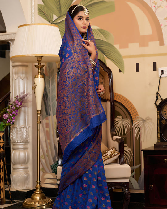 Blue Pure Muga Saree with Multihued Meenakari Buti Weaves with Antique Zari
