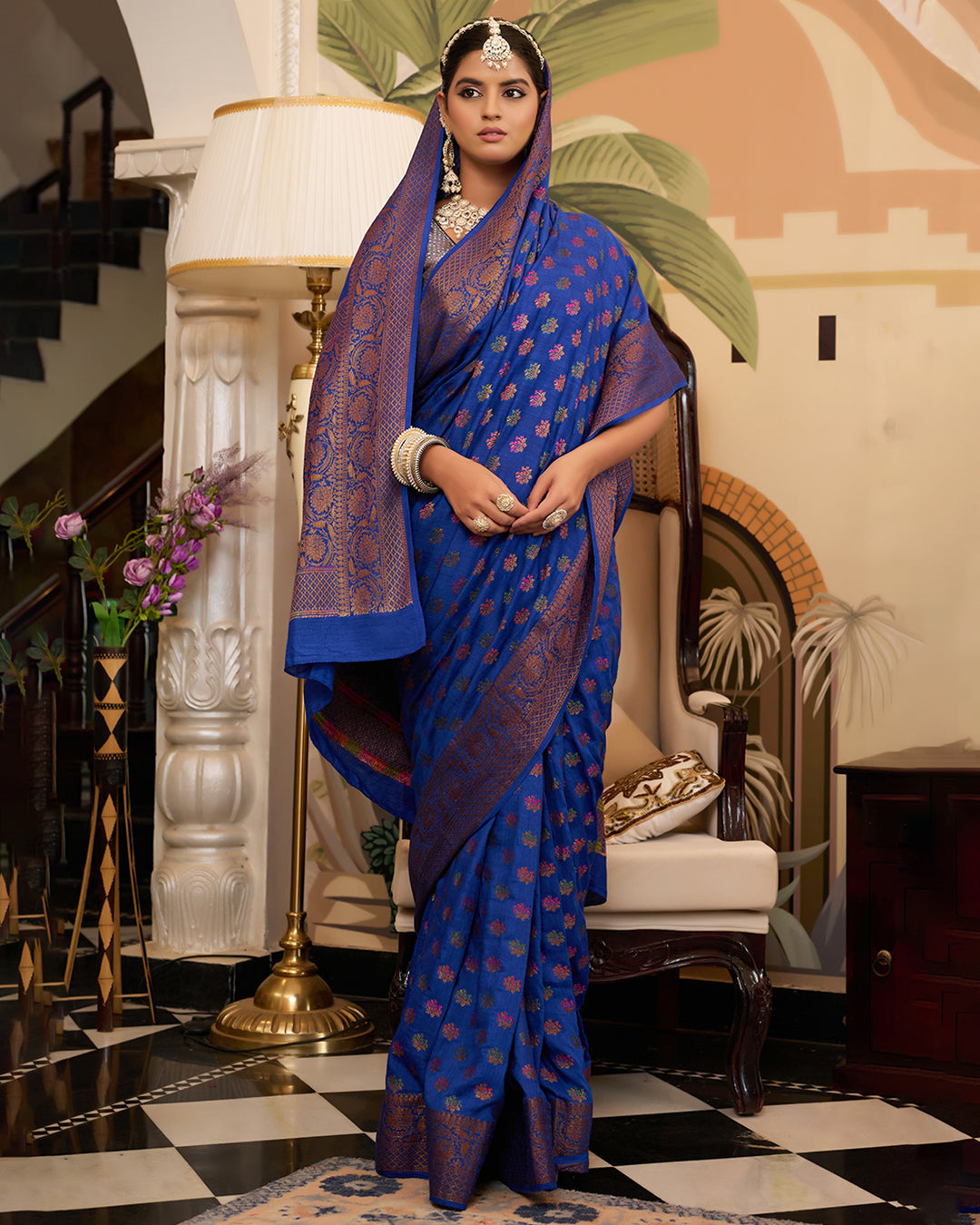 Blue Pure Muga Saree with Multihued Meenakari Buti Weaves with Antique Zari