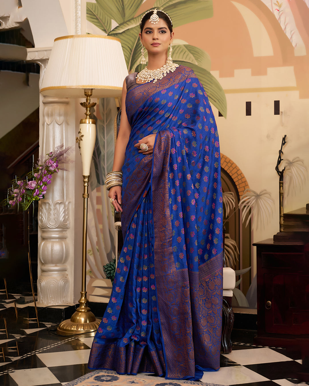 Blue Pure Muga Saree with Multihued Meenakari Buti Weaves with Antique Zari