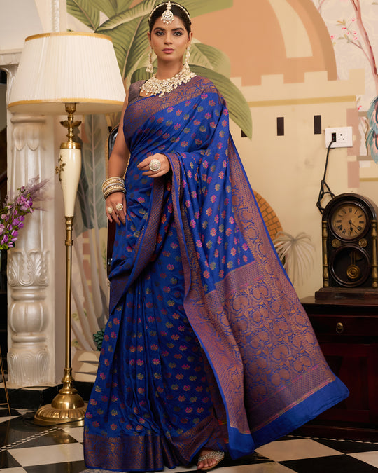 Blue Pure Muga Saree with Multihued Meenakari Buti Weaves with Antique Zari