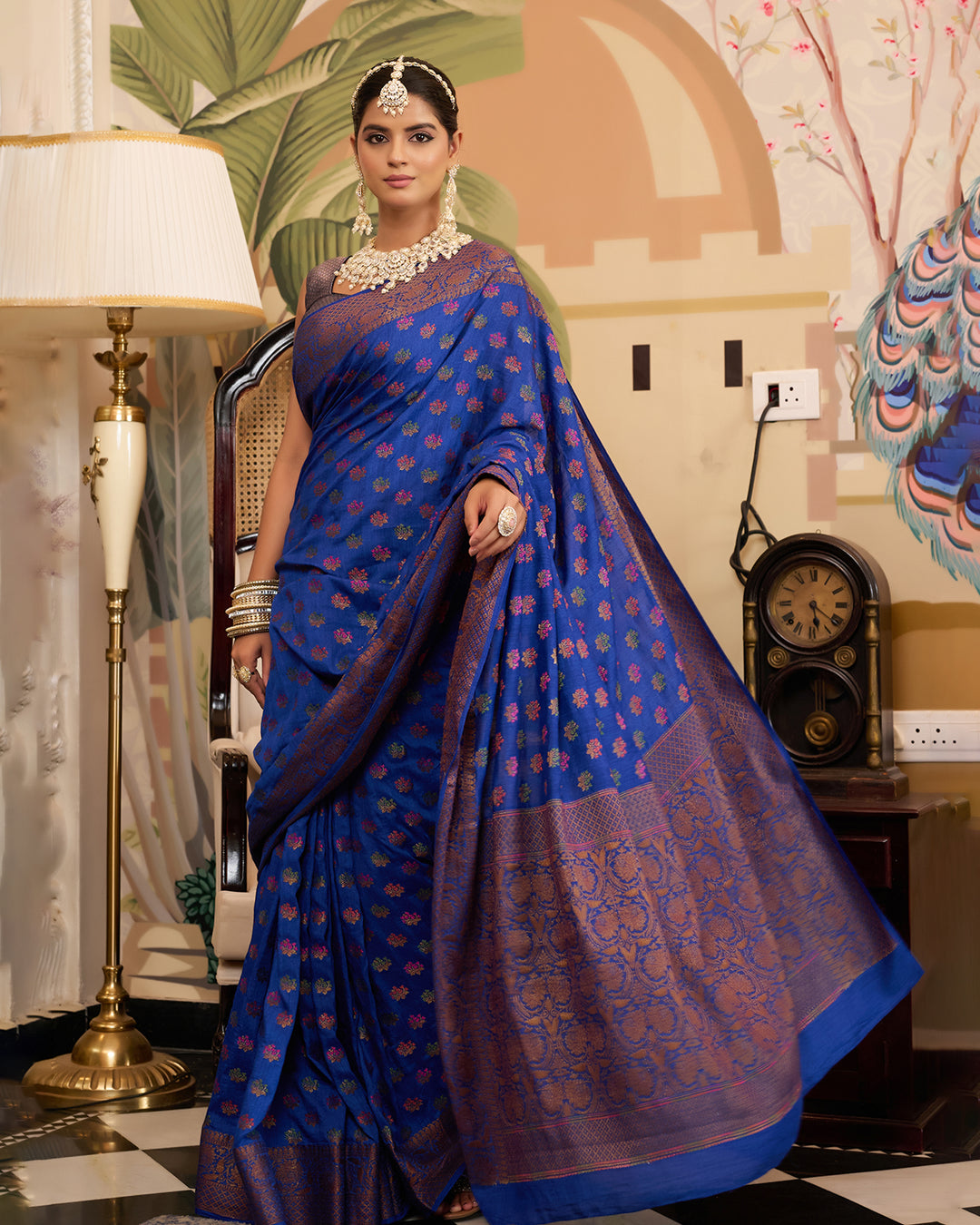 Blue Pure Muga Saree with Multihued Meenakari Buti Weaves with Antique Zari