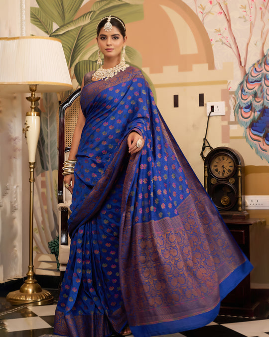 Blue Pure Muga Saree with Multihued Meenakari Buti Weaves with Antique Zari