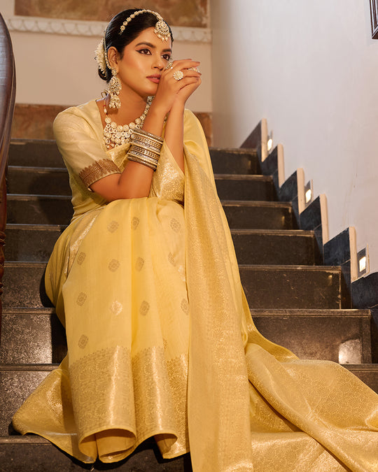 Pastel Yellow Pure Banarasi Saree with Elegant Zari and Buta Weaves