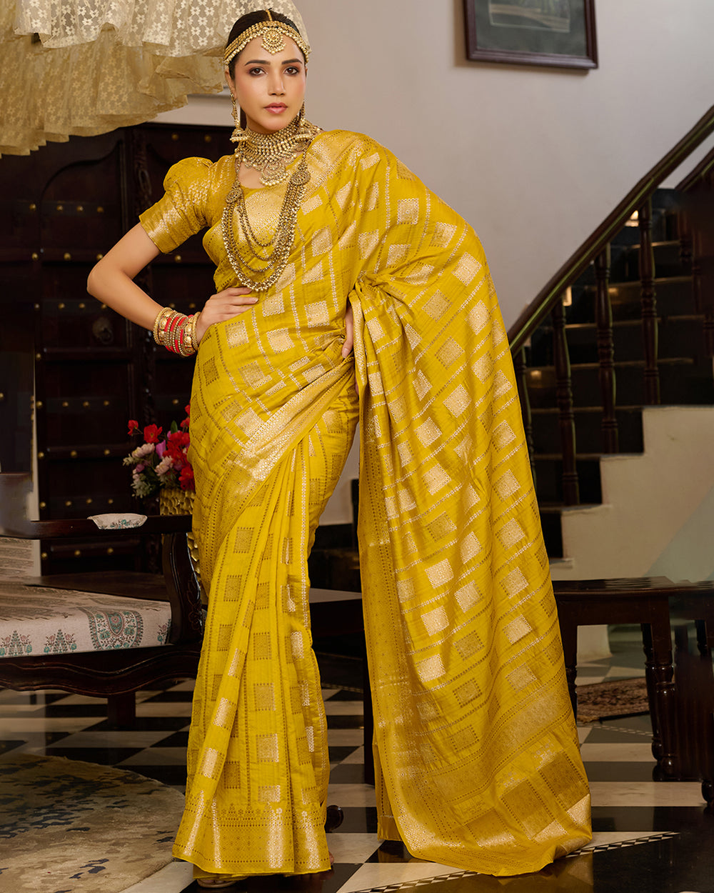 Mustard Pure Banarasi Saree with Checked Zari Embellishments