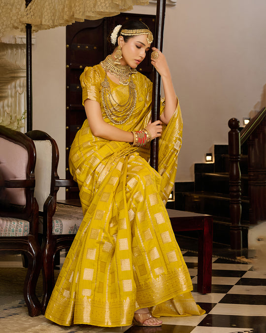 Mustard Pure Banarasi Saree with Checked Zari Embellishments