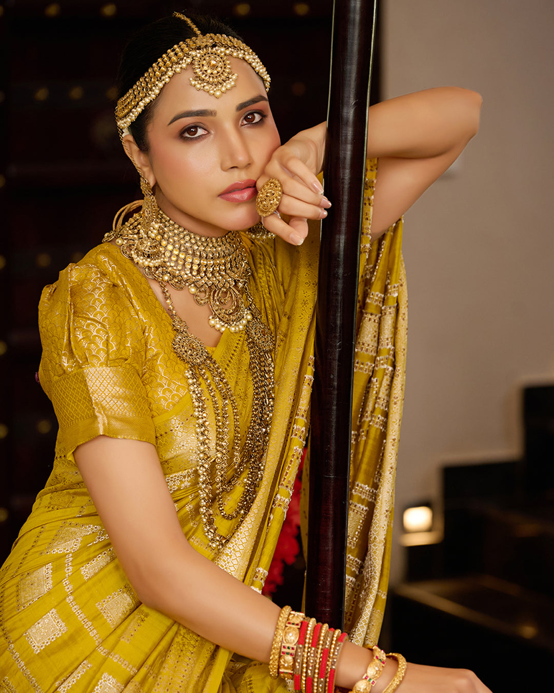 Mustard Pure Banarasi Saree with Checked Zari Embellishments