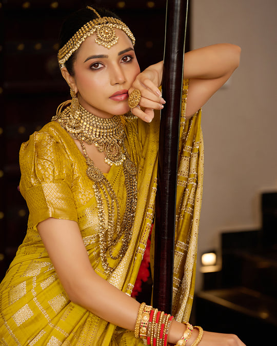 Mustard Pure Banarasi Saree with Checked Zari Embellishments