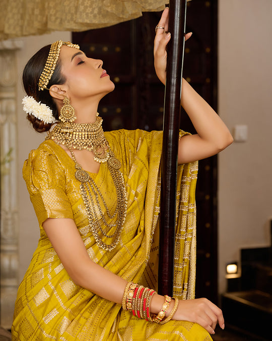 Mustard Pure Banarasi Saree with Checked Zari Embellishments