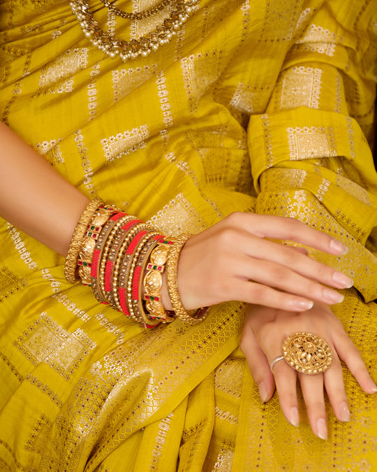 Mustard Pure Banarasi Saree with Checked Zari Embellishments