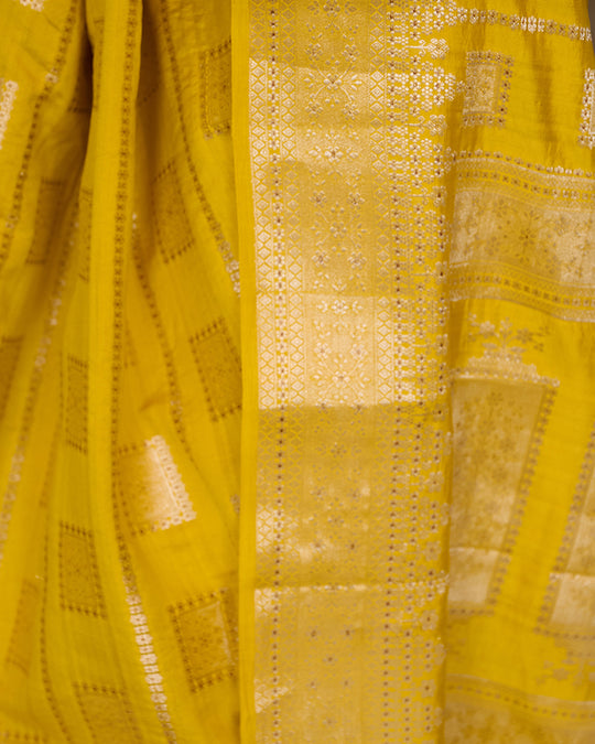 Mustard Pure Banarasi Saree with Checked Zari Embellishments