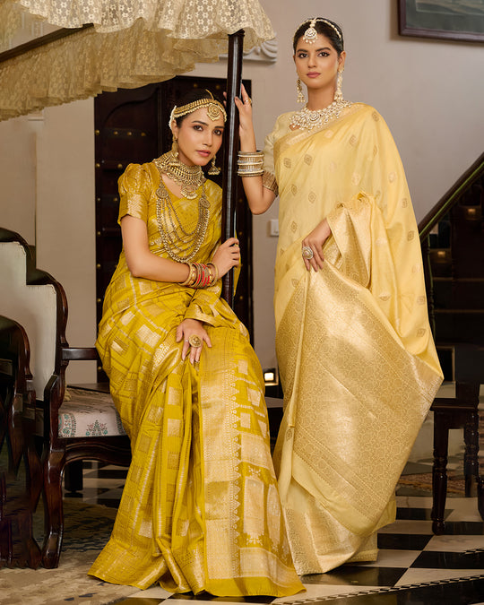 Mustard Pure Banarasi Saree with Checked Zari Embellishments