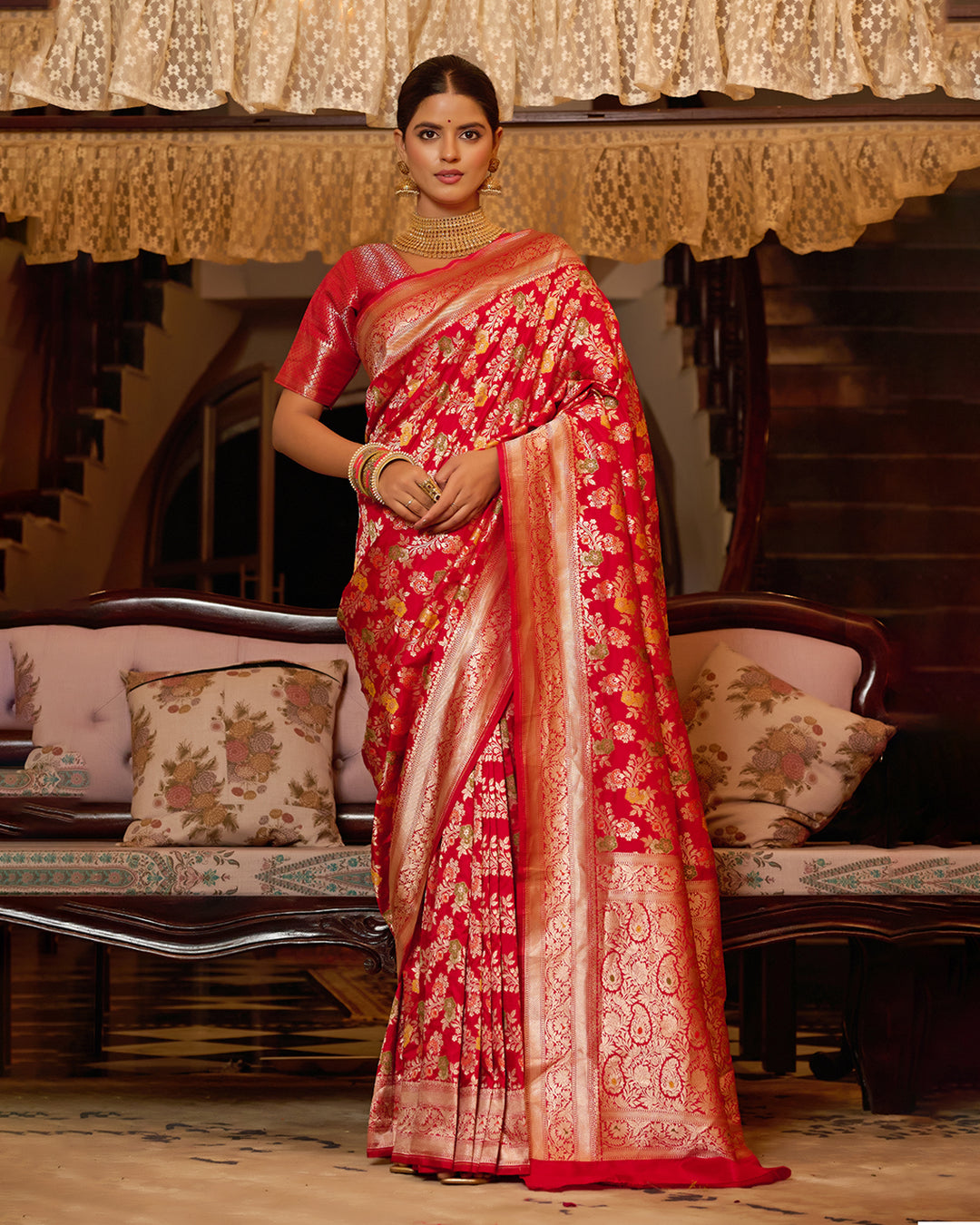 Red Pure Katan Saree with Regal Floral Meenakari Zari Weaves