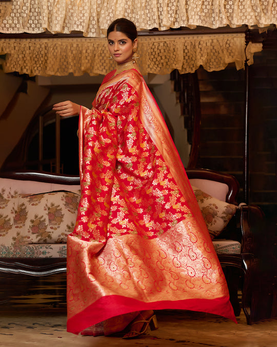 Red Pure Katan Saree with Regal Floral Meenakari Zari Weaves
