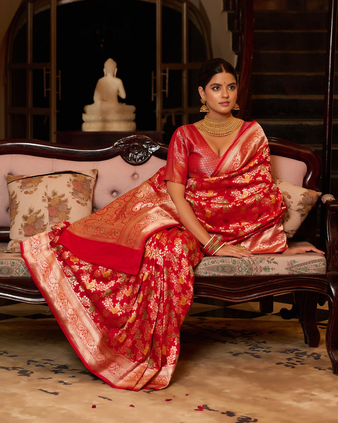 Red Pure Katan Saree with Regal Floral Meenakari Zari Weaves