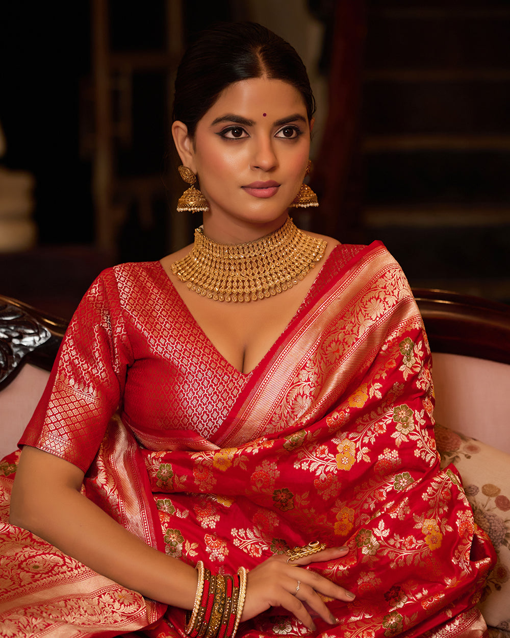 Red Pure Katan Saree with Regal Floral Meenakari Zari Weaves