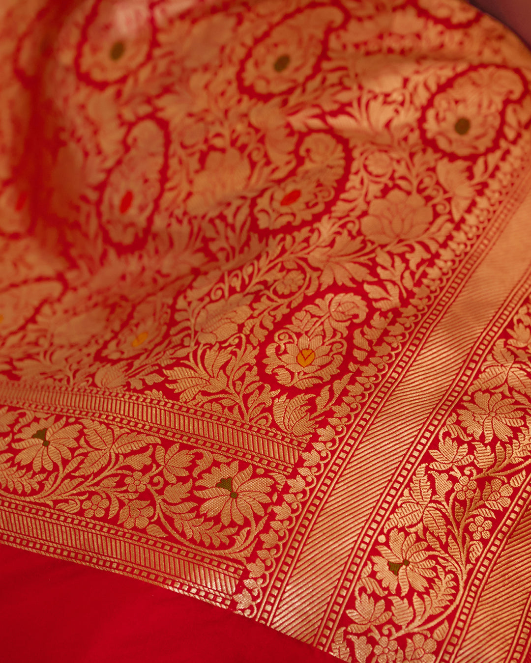 Red Pure Katan Saree with Regal Floral Meenakari Zari Weaves