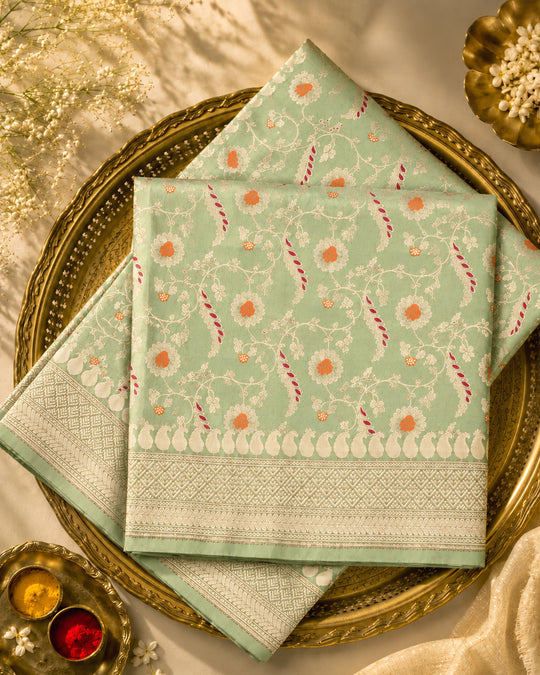 Sage Mint Pure Katan Saree with Floral Butta Weave