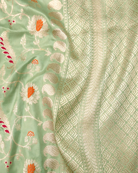 Sage Mint Pure Katan Saree with Floral Butta Weave