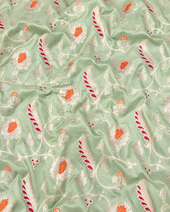 Sage Mint Pure Katan Saree with Floral Butta Weave