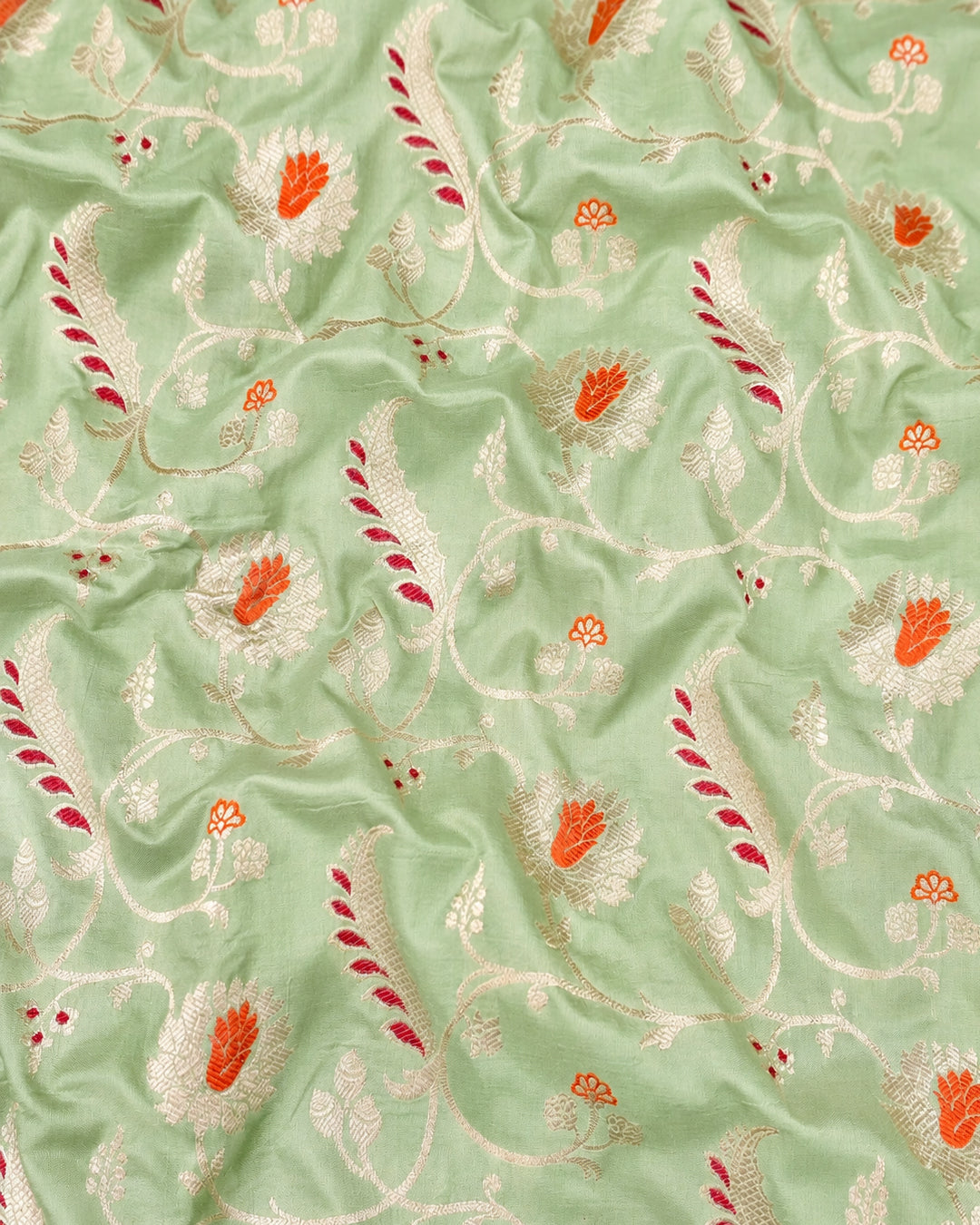Sage Mint Pure Katan Saree with Floral Butta Weave